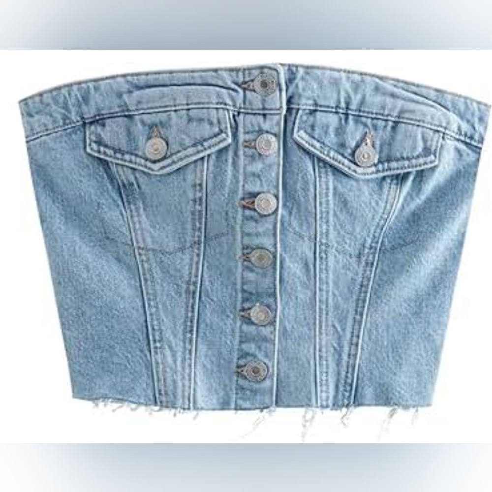 #005.B Source Unknown Sz M Denim Vest Corset Crop Button Down Top - Picture 6 of 13